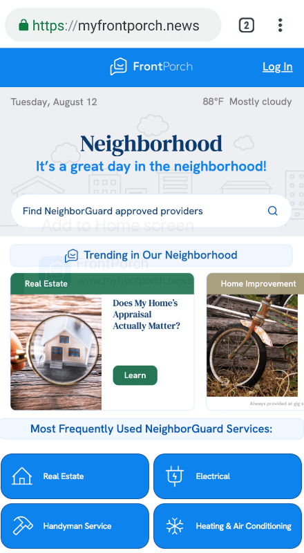 FrontPorch homepage showing neighborhood news, search bar, trending topics, and NeighborhoodGuard service categories.
