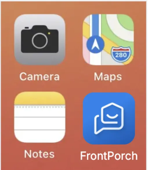 Mobile screen showing Camera, Maps, Notes, and FrontPorch app icons with orange background.