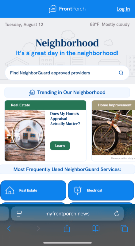 FrontPorch website homepage showing neighborhood services, weather, and trending topics on real estate and home improvement.